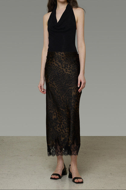 Leopard Lace Hem A-line Long Skirt B4770