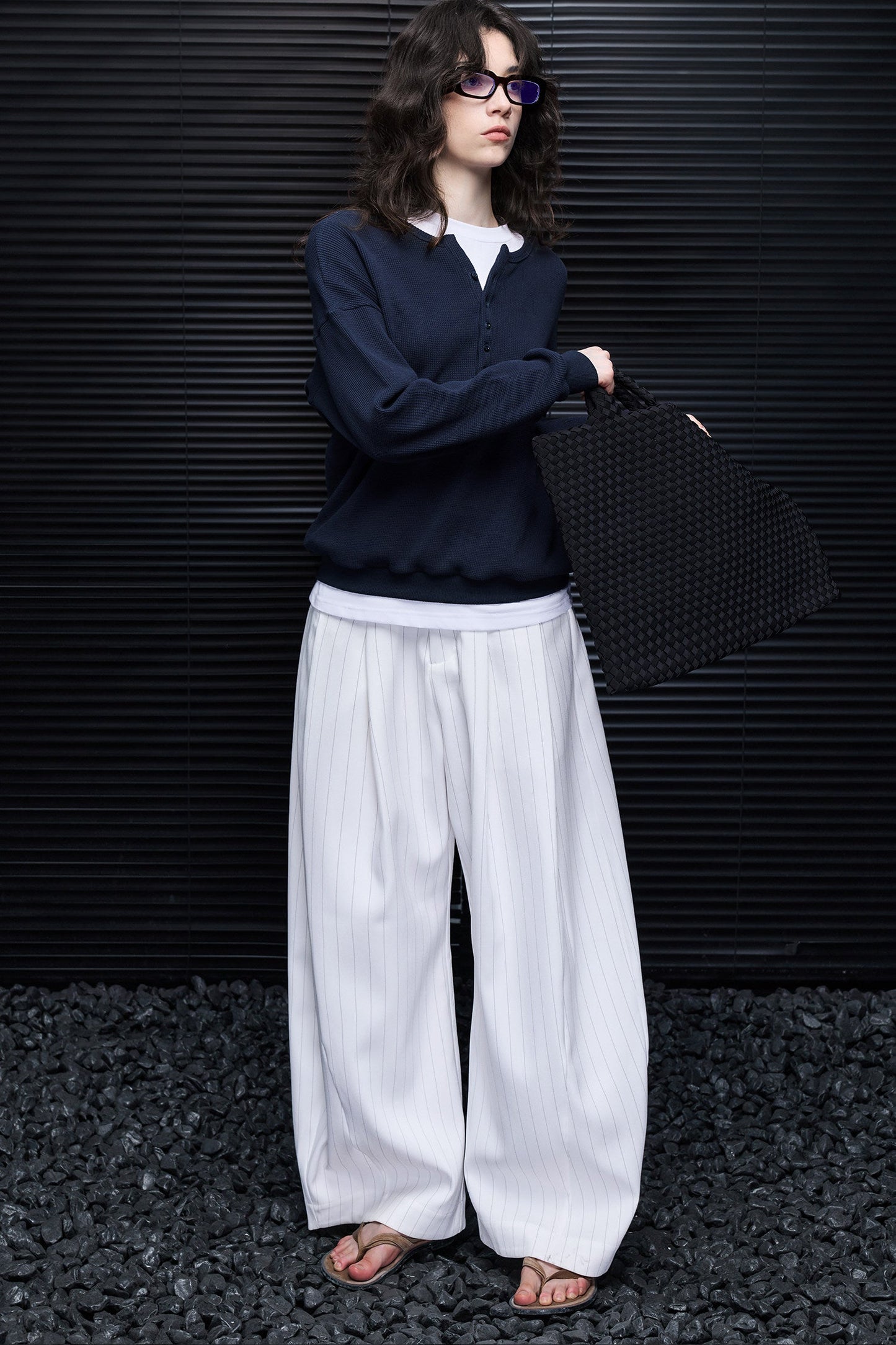 White Stripe High-Waisted Wide-Leg Pants B4952