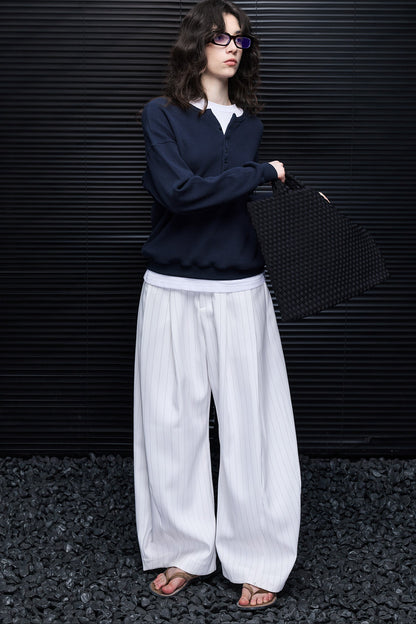 White Stripe High-Waisted Wide-Leg Pants B4952