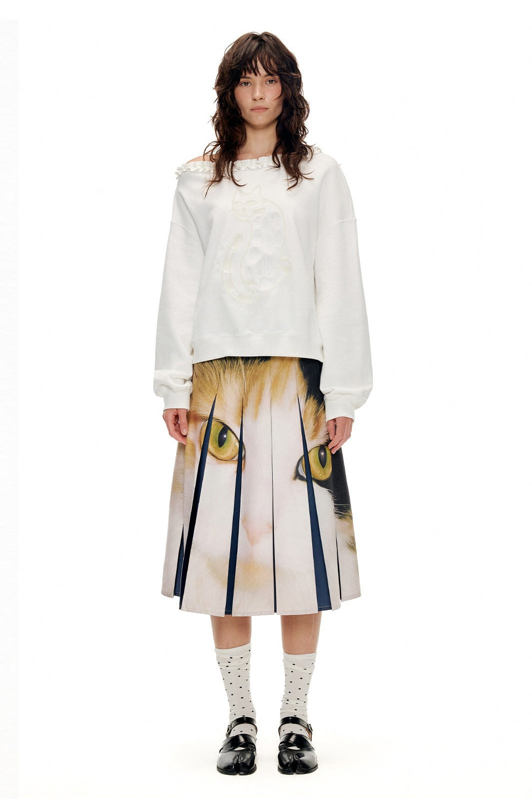 キャットプリントミッドウエストプリーツスカート　B4597