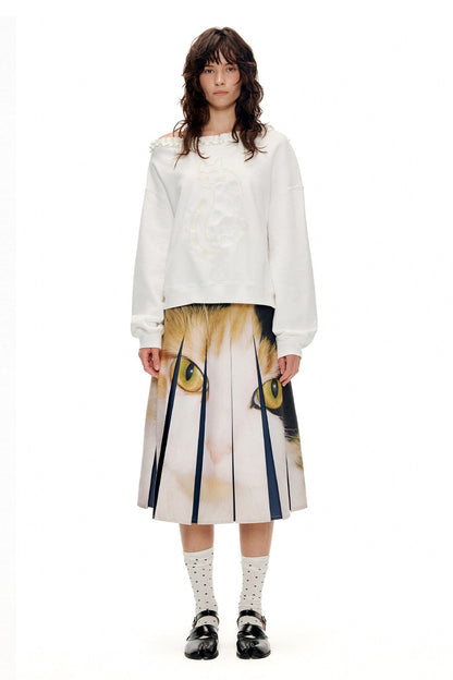 キャットプリントミッドウエストプリーツスカート　B4597