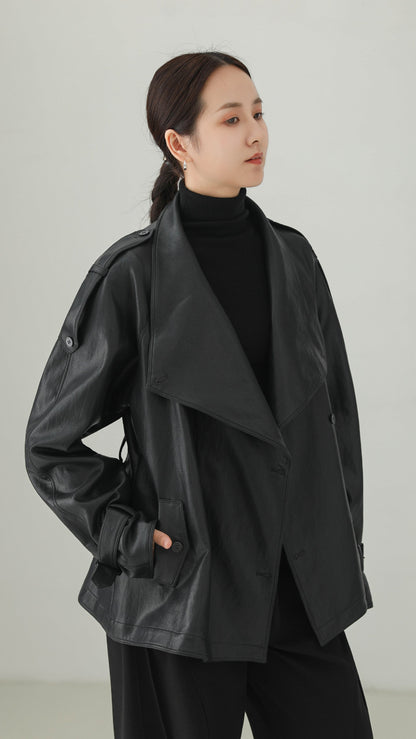 Black PU Leather Belted Stand Collar Jacket B5008