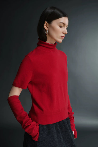 羊絨羊毛高領短袖毛衣，附袖套 B4482