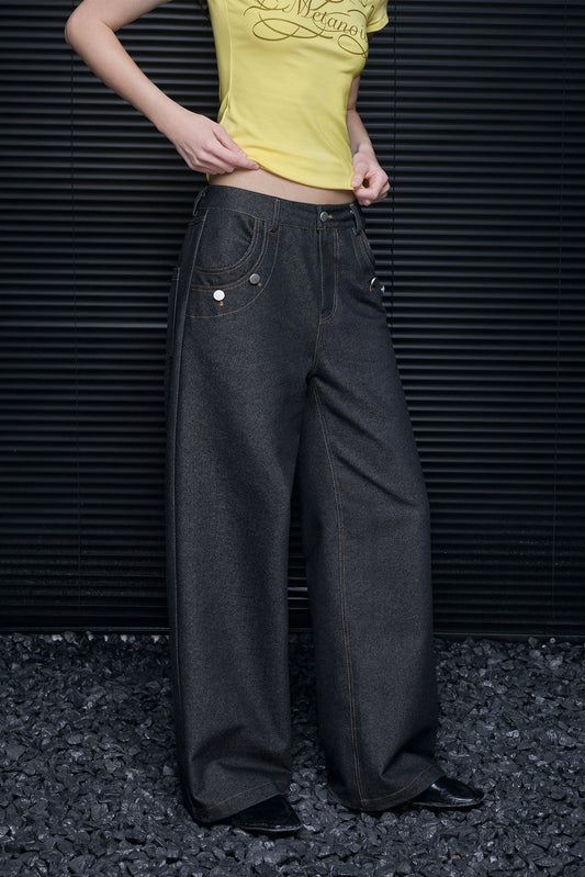 ダブルポケットフェイクデニムストレートワイドパンツ　B4620