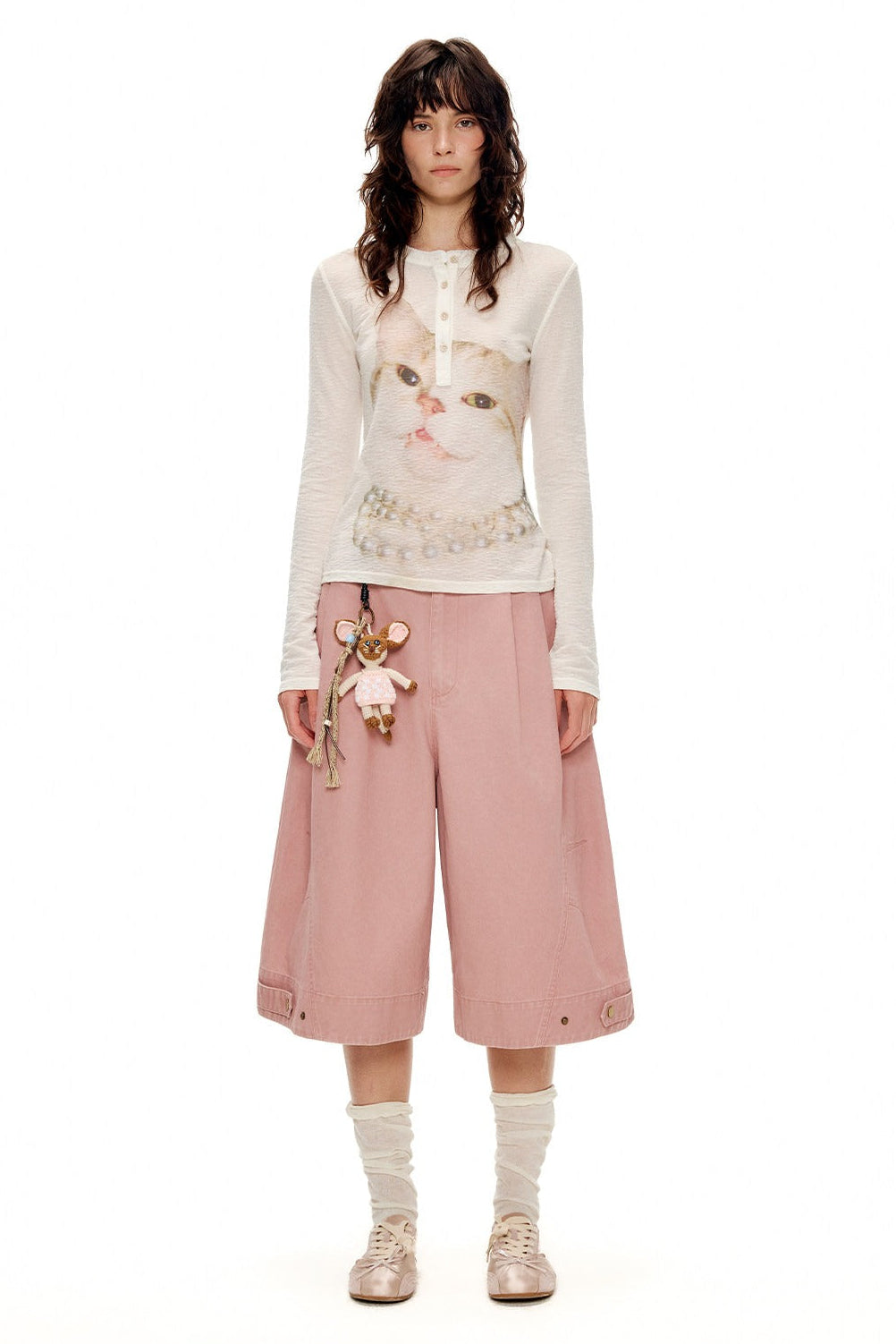 キャットプリントテンセルウールヘンリーネックTシャツ　B4595