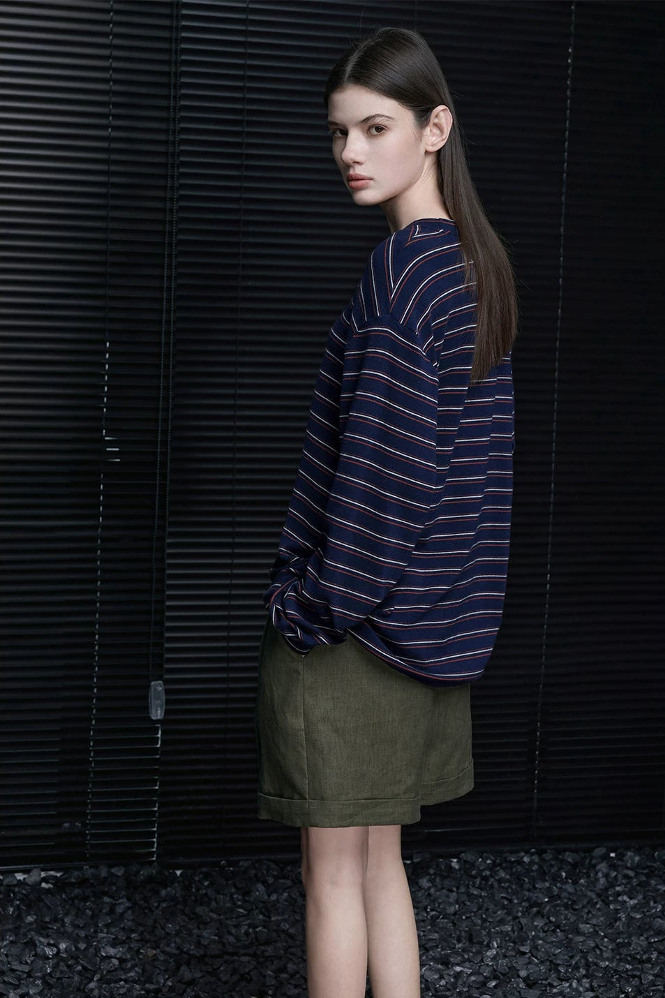 ネイビーブルーストライプルーズ長袖Tシャツ　B4735