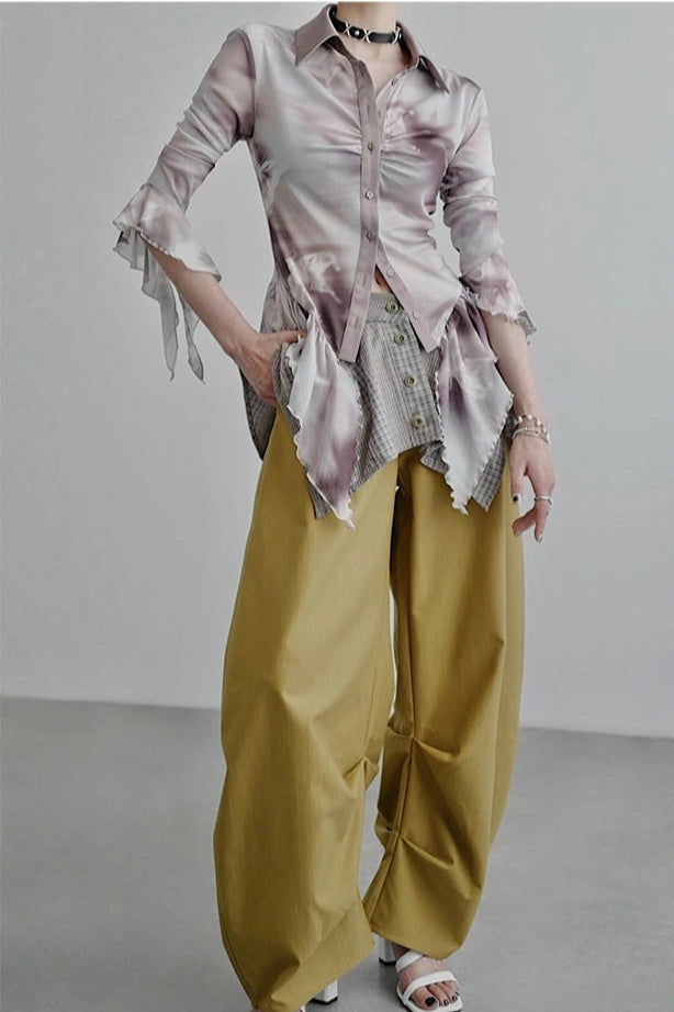 蝴蝶印花腰部荷葉邊襯衫 B4257