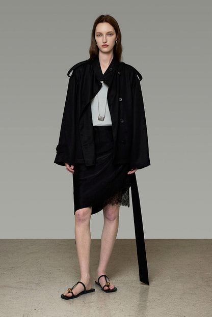 Black Short Double-Breasted Trench Coat B4911