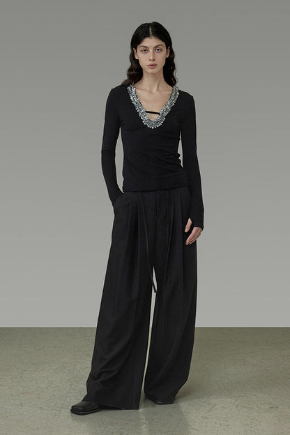Black Lace-Up Pleated Wide-Leg Pants B4913