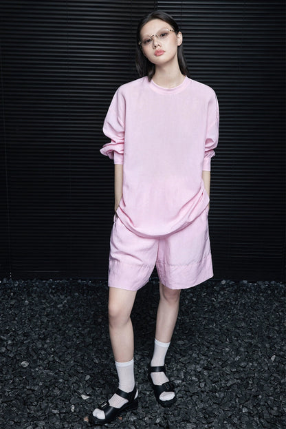 ピンクテンセルリネン長袖カジュアルTシャツ　B4067