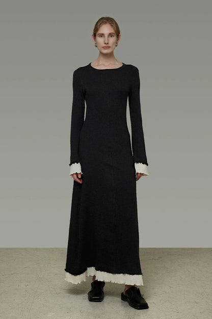 Color Block Flare Sleeve Long Dress B4439