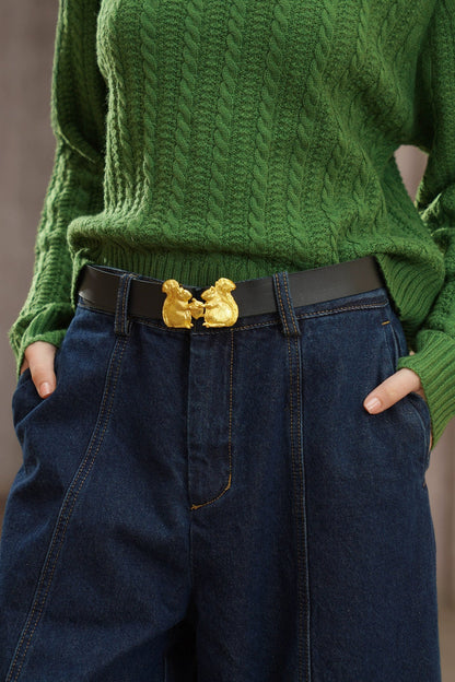 普魯士藍闊腿彎刀牛仔褲 B4448