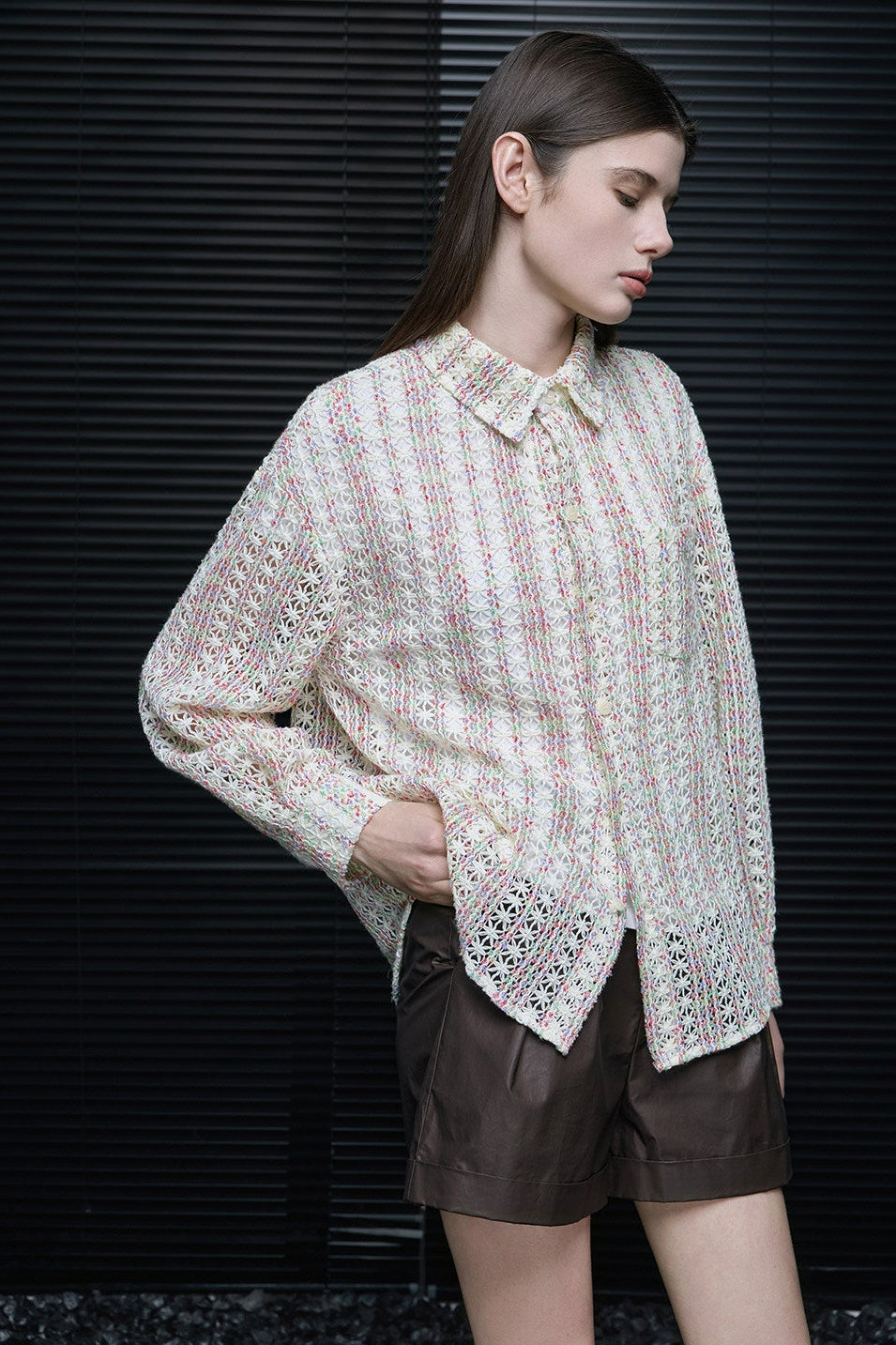 ジャカードカットワーク長袖シャツ　B4737