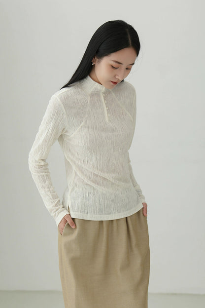 Half-high collar textured long-sleeved T-shirt B4275