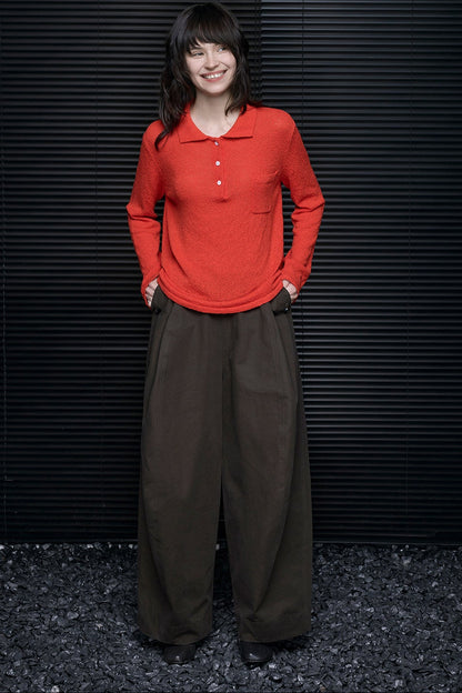 Cotton Brown Loose Drape Wide Pants B4708