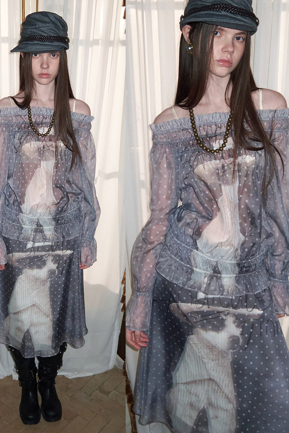 ドッグラブワンショルダーシフォンプリントトップス　B4643