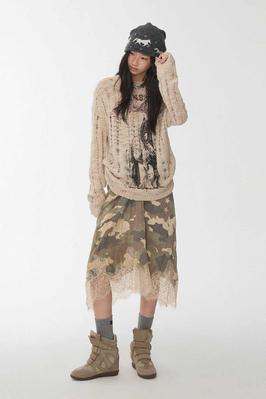 迷彩蕾絲V領吊帶裙 B4394