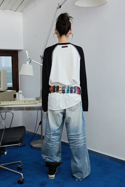 Biker Cat Print Raglan Sleeve T-Shirt B4319