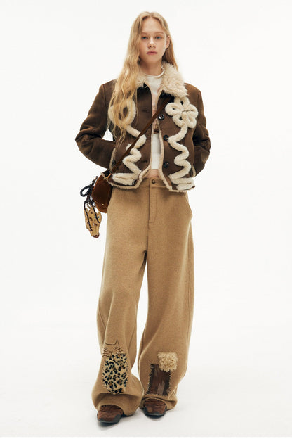 キャットアップリケ刺繡ウール混シミターパンツ　B4590