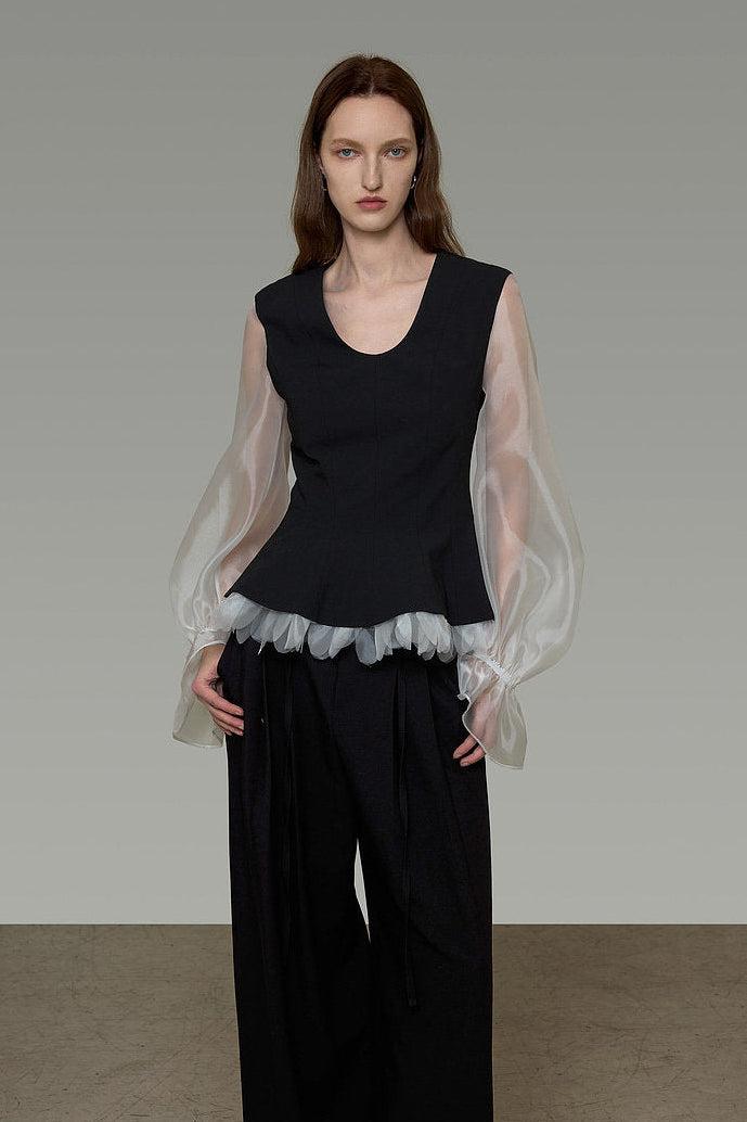 U-Neck Color Block Puff Sleeve Top B4903