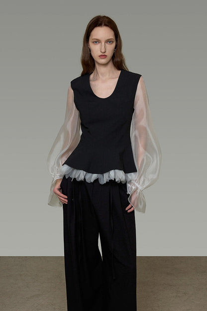 U-Neck Color Block Puff Sleeve Top B4903