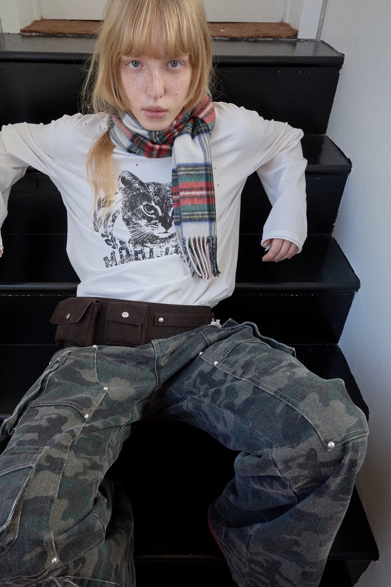 Camouflage Wash Multi-Pocket Cargo Wide Pants B4388