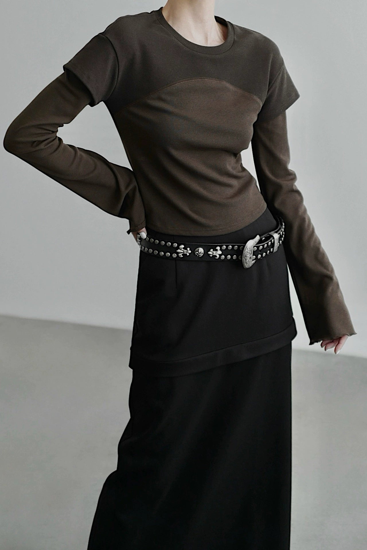 Fake two-piece flared long-sleeved T-shirt B4344