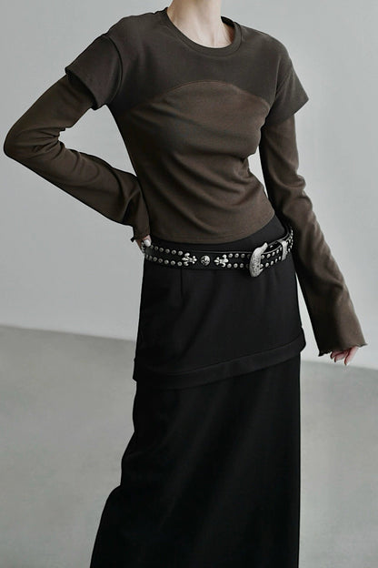 Fake two-piece flared long-sleeved T-shirt B4344