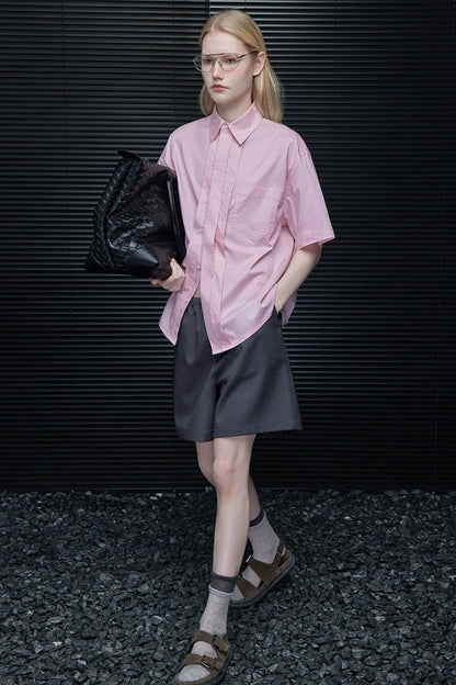 ピンクドロップショルダープリーツシャツ　B3877