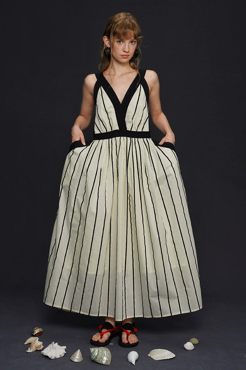 Vintage striped V-neck suspender long dress B4165