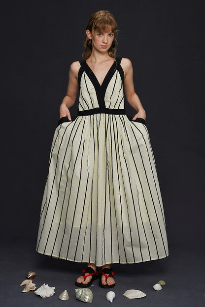 Vintage striped V-neck suspender long dress B4165