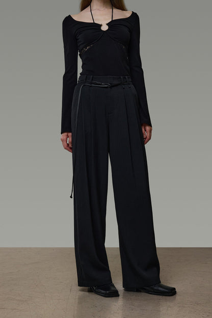 Black High-Waisted Double Tuck Wide Pants B4936