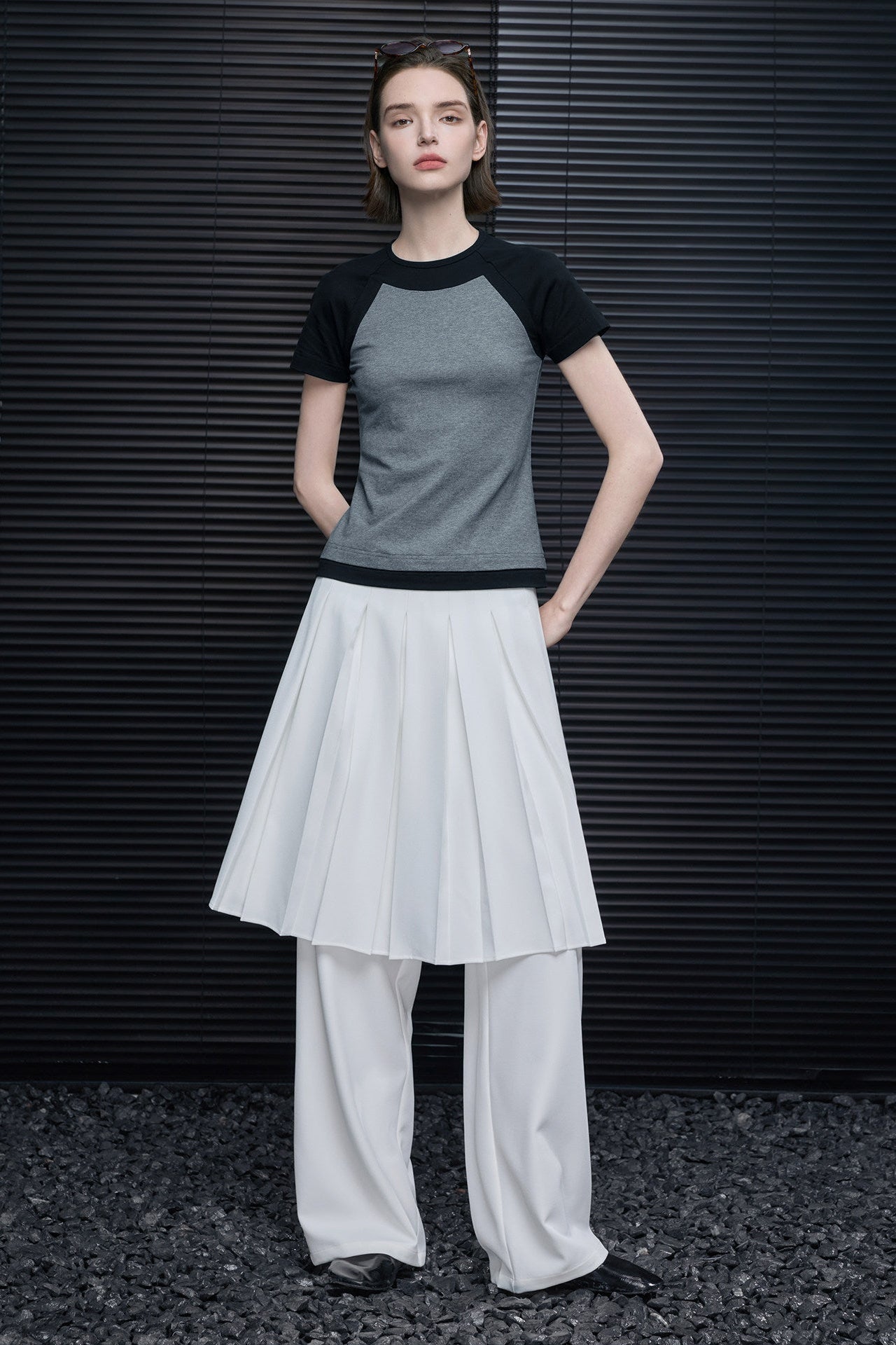 レトロコントラストカラーショートスリムTシャツ　B4694