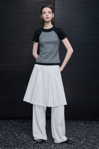 レトロコントラストカラーショートスリムTシャツ　B4694