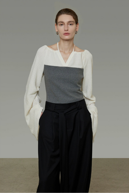 Color Block V-Neck Knit Top B4437