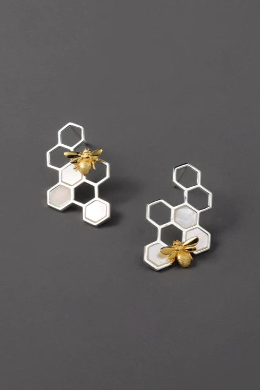 S925 Art Honeycomb Bee Design Earrings B3549