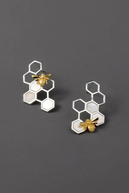 S925 Art Honeycomb Bee Design Earrings B3549