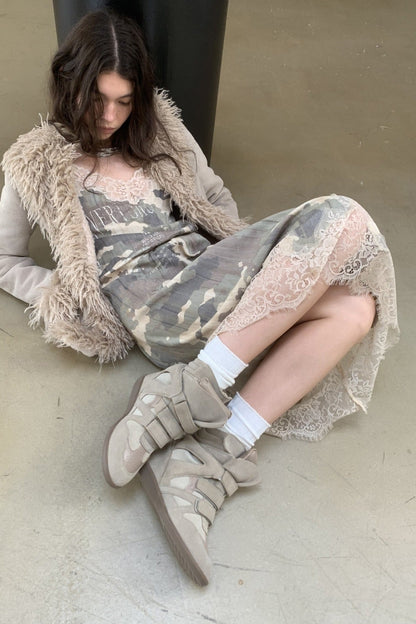 迷彩蕾絲V領吊帶裙 B4394