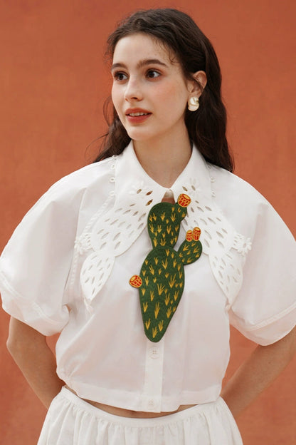 ヴィンテージグリーンサボテン刺繡ネクタイ　B3926