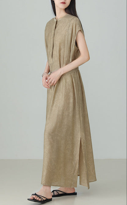 Linen Tencel Jacquard Slit Dress B4895