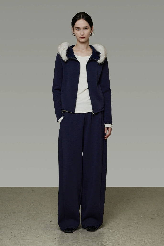 Fur collar fake two-piece top and cropped pants set B4511