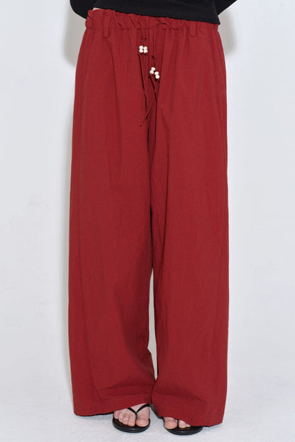 Dark Red Drawstring Beaded Straight Pants B4210