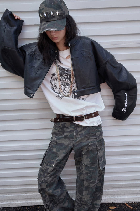 レタープリントフェイクレザーライダースクロップドジャケット　B4390