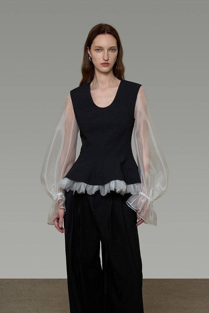 U-Neck Color Block Puff Sleeve Top B4903