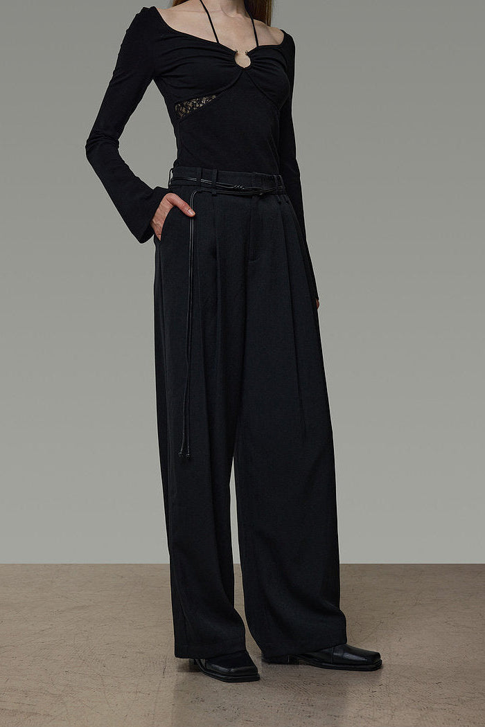 Black High-Waisted Double Tuck Wide Pants B4936
