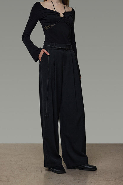 Black High-Waisted Double Tuck Wide Pants B4936
