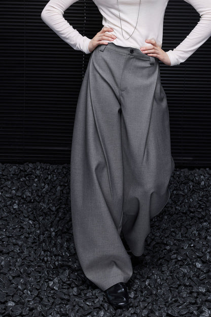 Gray High-Waisted Drape Wide-Leg Pants B5018