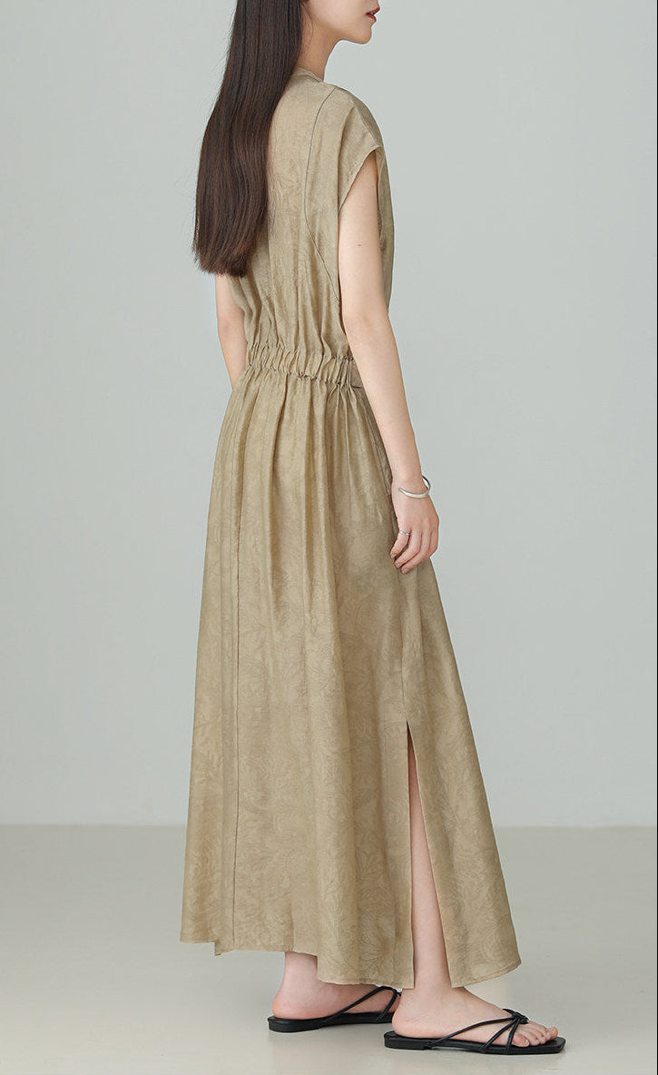 Linen Tencel Jacquard Slit Dress B4895