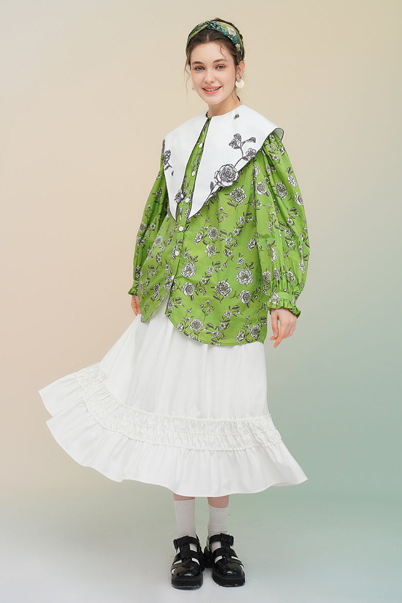 Green rose print large lapel blouse B3758