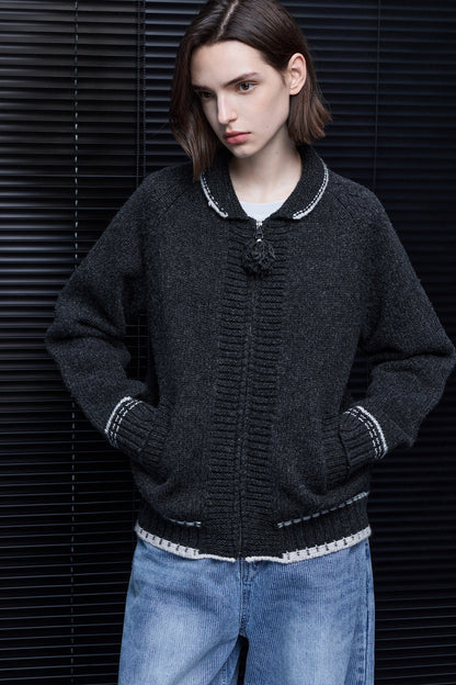 Wool-blend color-block striped collared knit cardigan B5017